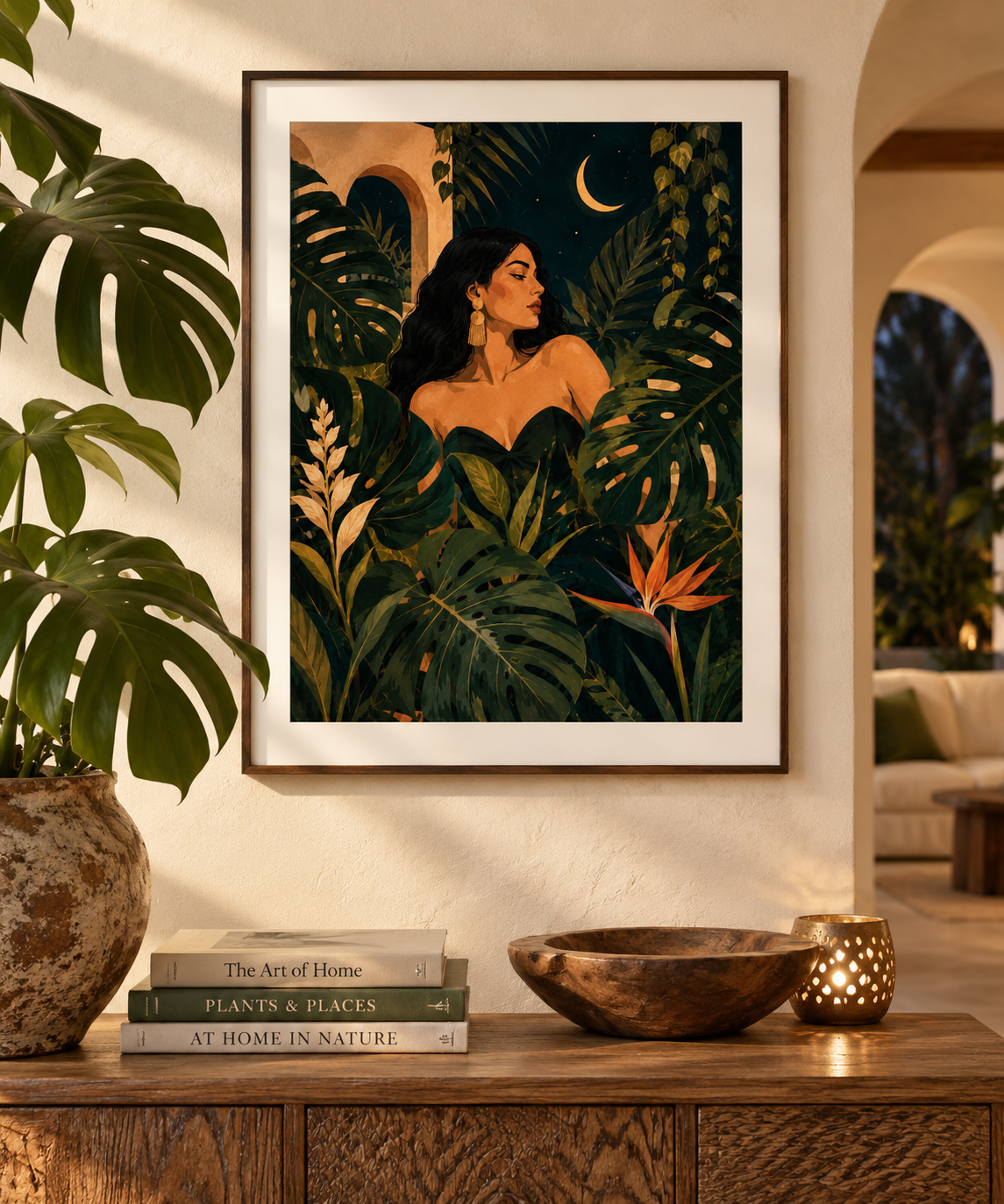 Midnight Monstera fine art poster displayed in a warm botanical interior